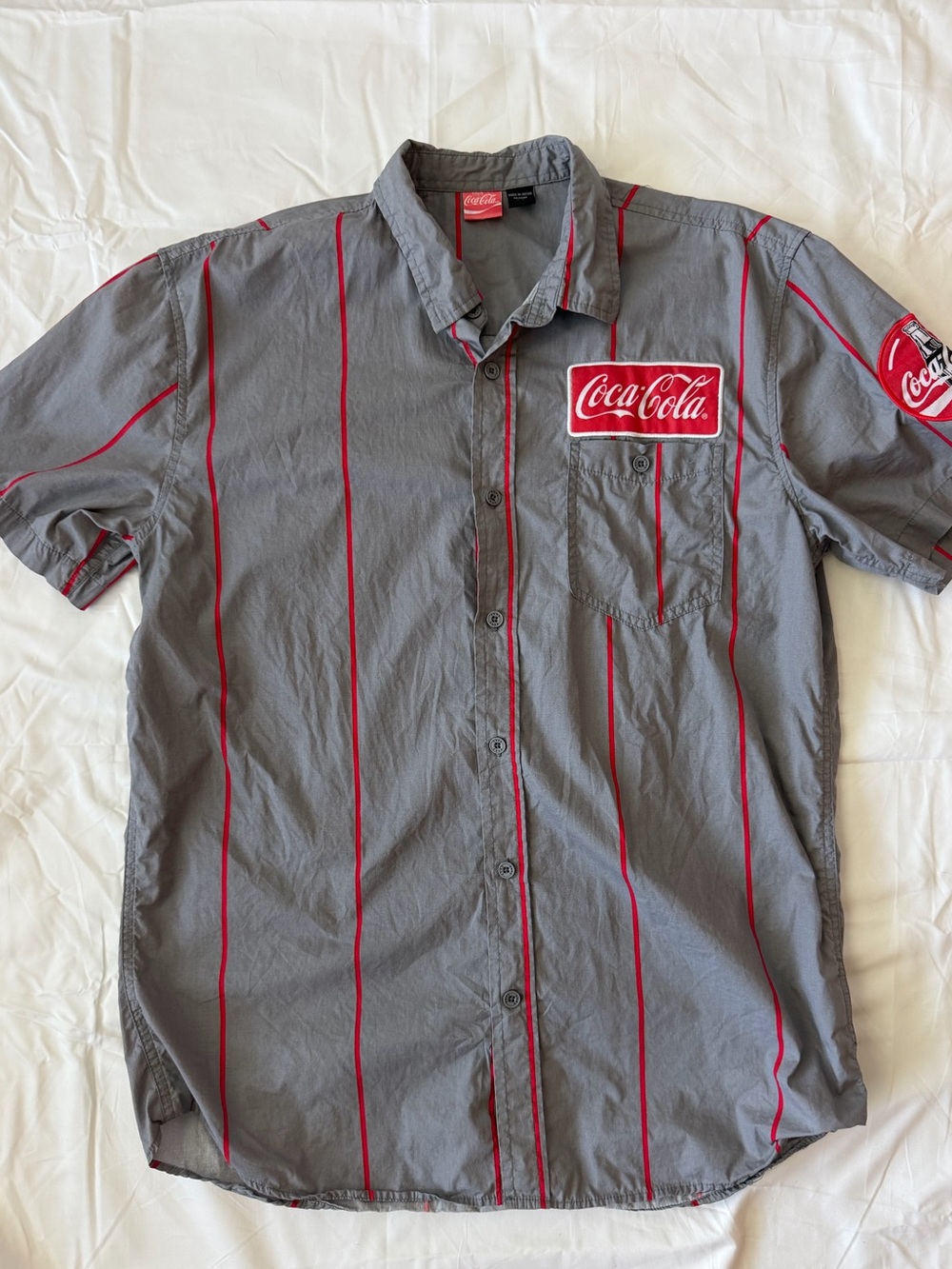 Coca Cola Gray Short Sleeve Button-Down Shirt with Red Pinstripes